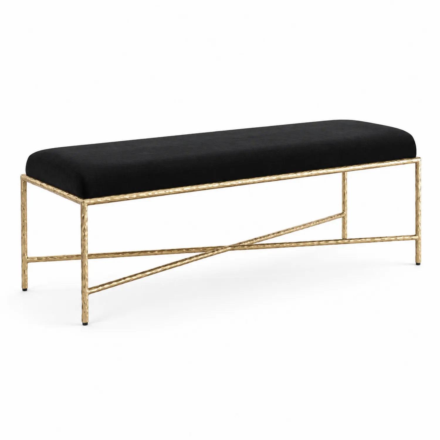 Banc en tissu noir avec cadre en métal doré