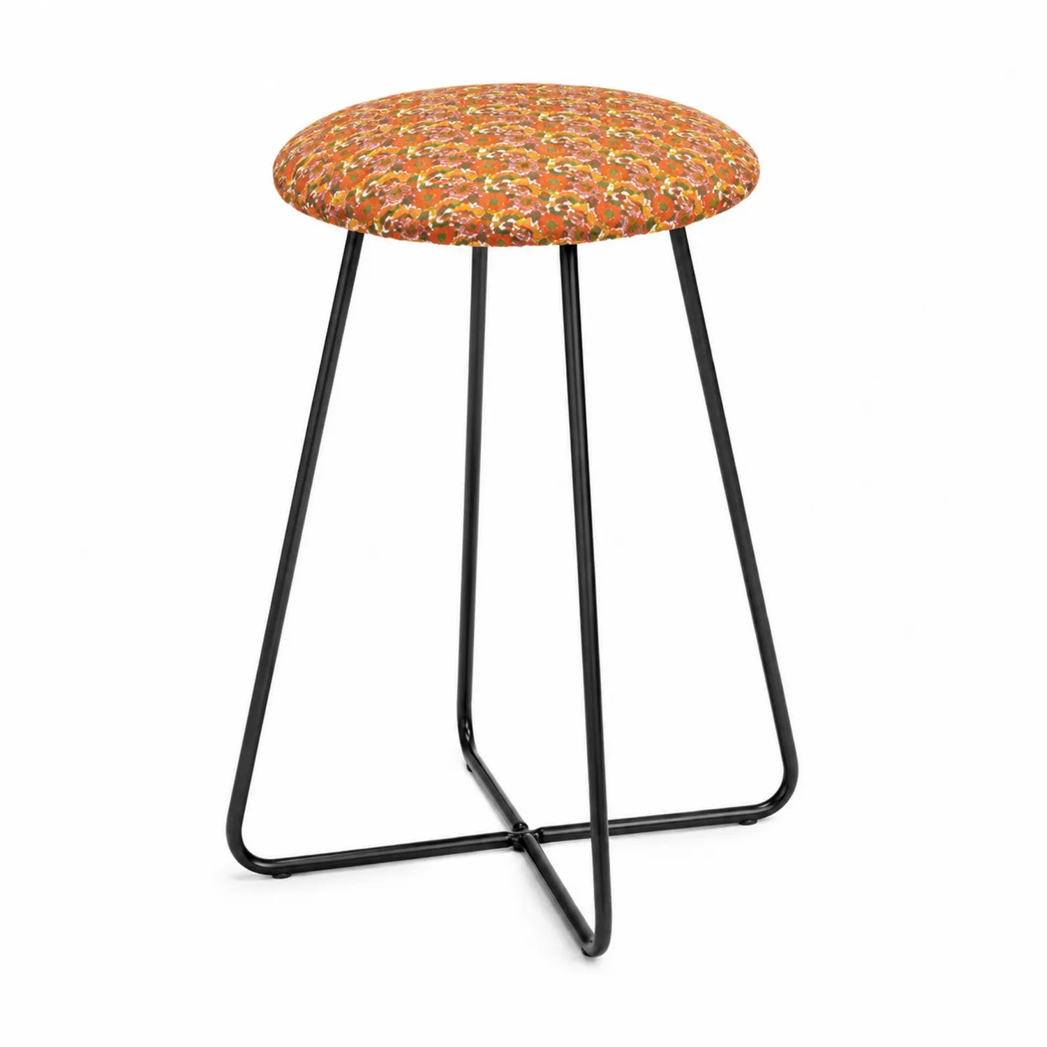 Tabouret en métal noir avec tissu floral orange