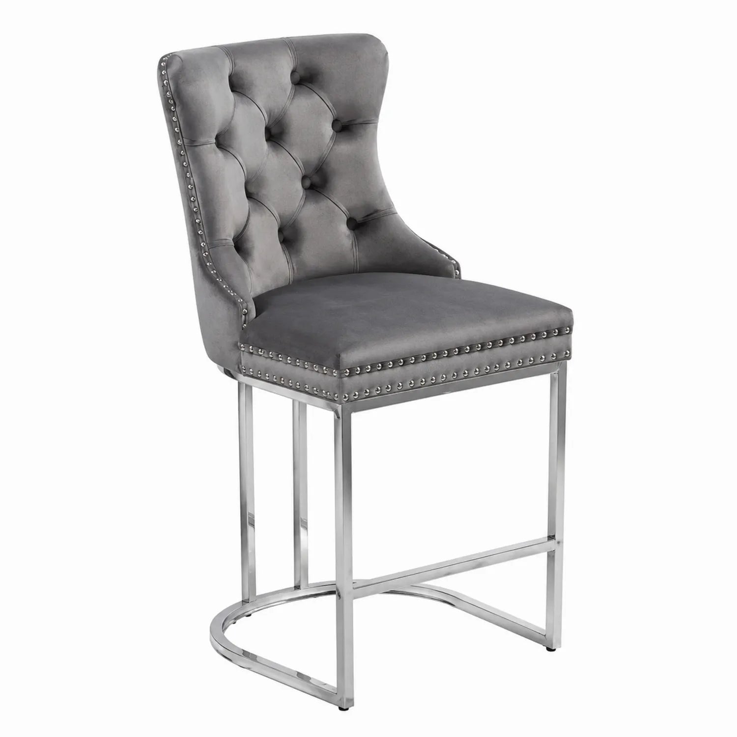 Chaise de bar en velours gris avec structure en métal chromé