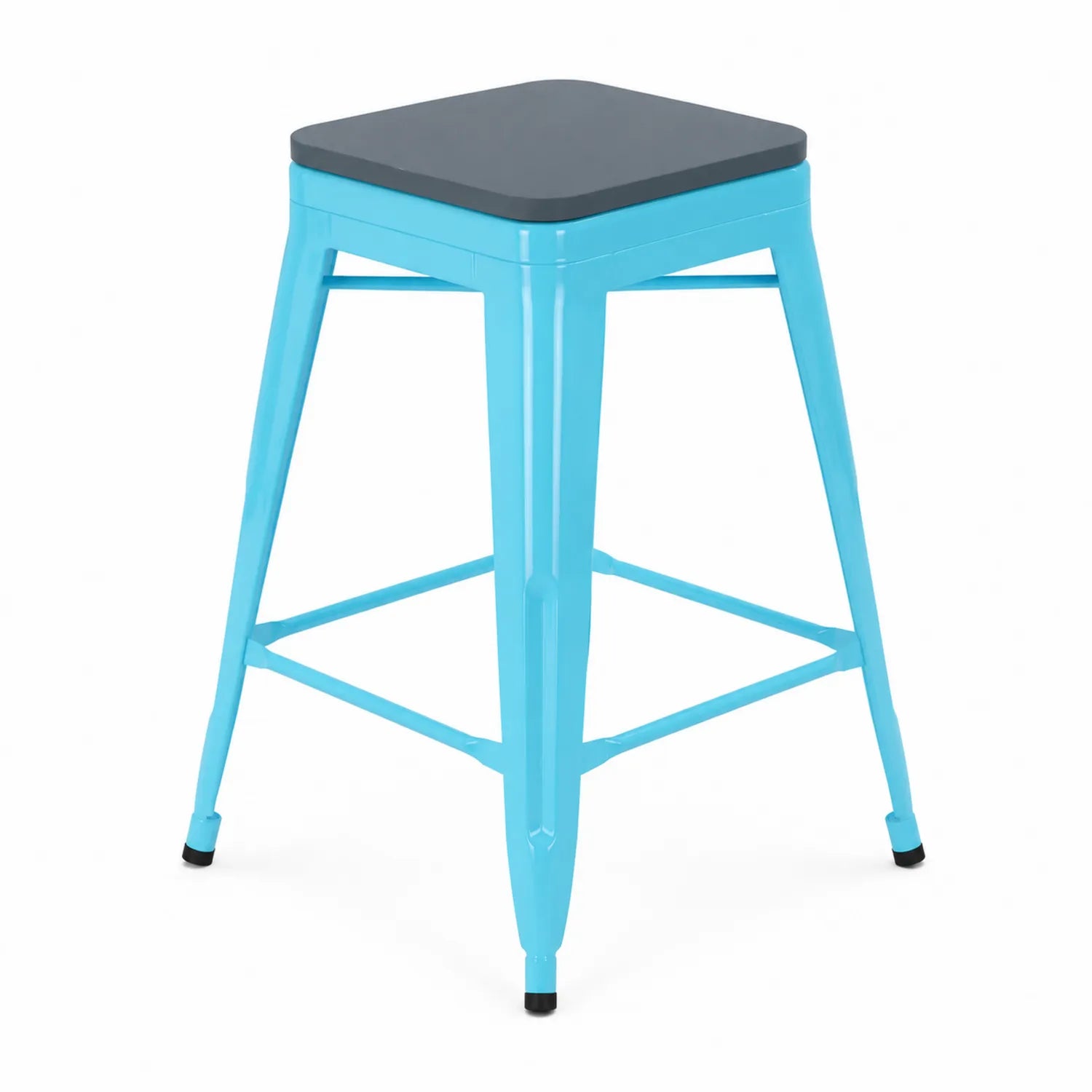 Tabouret en métal bleu avec assise en polypropylène noir