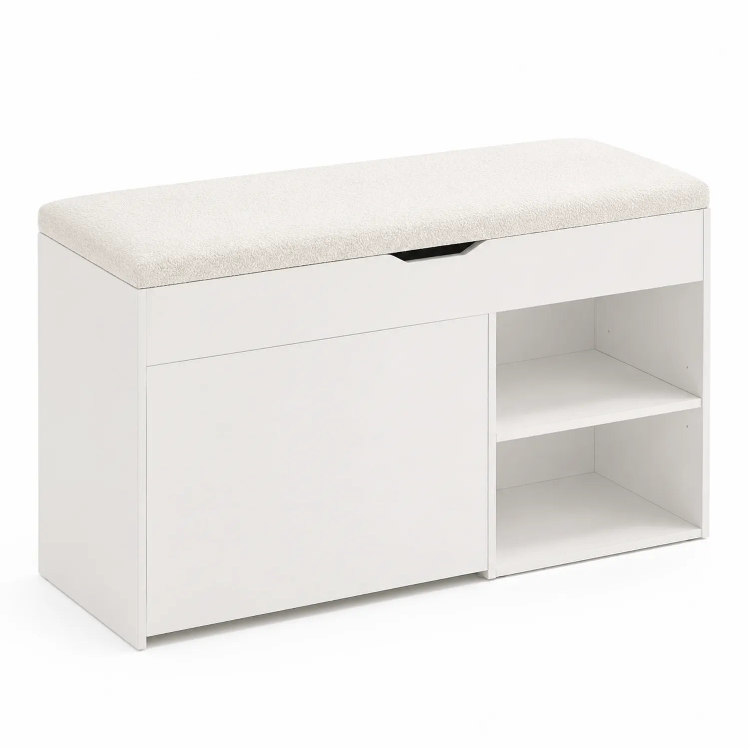 Banc de rangement en bois blanc avec coussin en tissu polyester beige